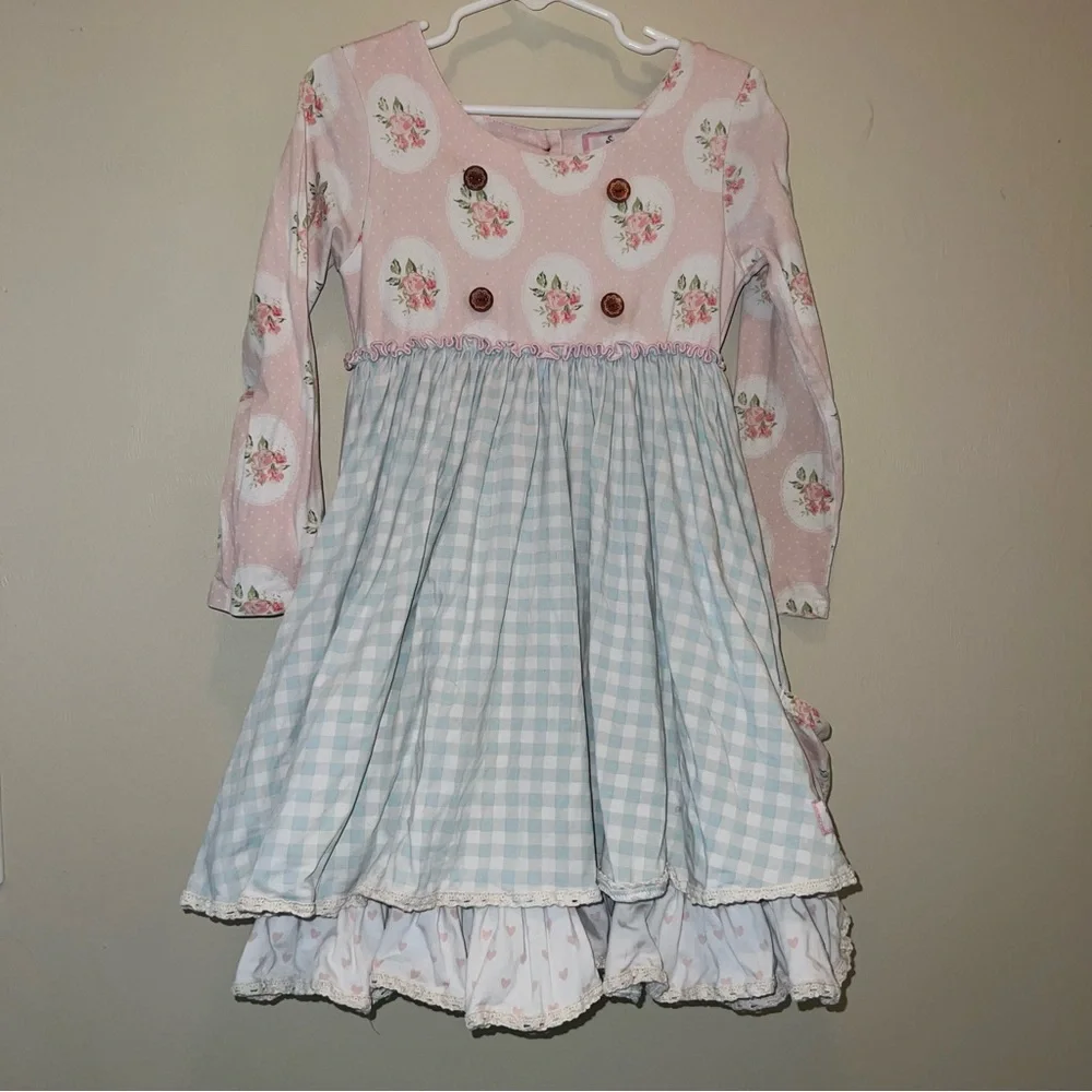 Sweethoney Play Condition Pink Floral & Blue Gingham Long-Sleeve Girls Dress